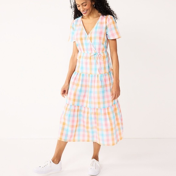 Multi- colored Pastel Easter Checkered Surplice Tiered Midi Dress size XXL NWT - Picture 1 of 4